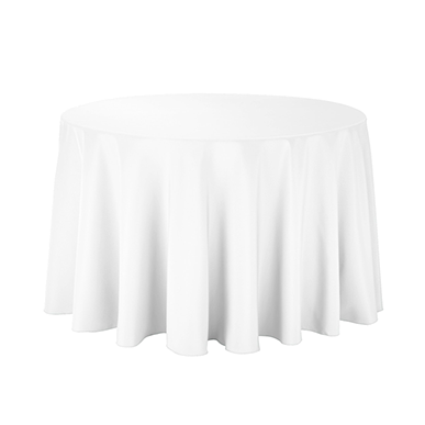 A white round cake tablecloth made of polyester