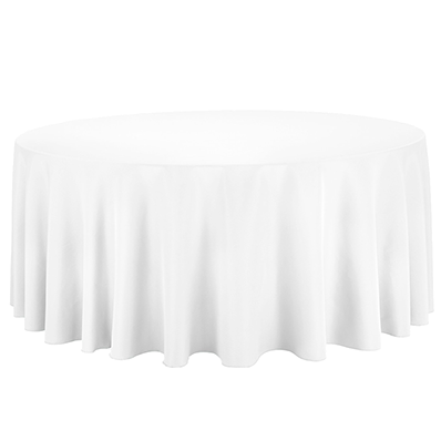 A white round tablecloth made of polyester